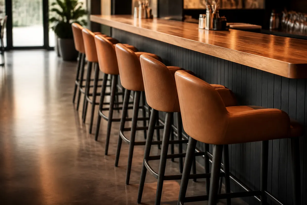 Row of generic commercial barstools at a wood topped bar counter, warm tones, editorial angle