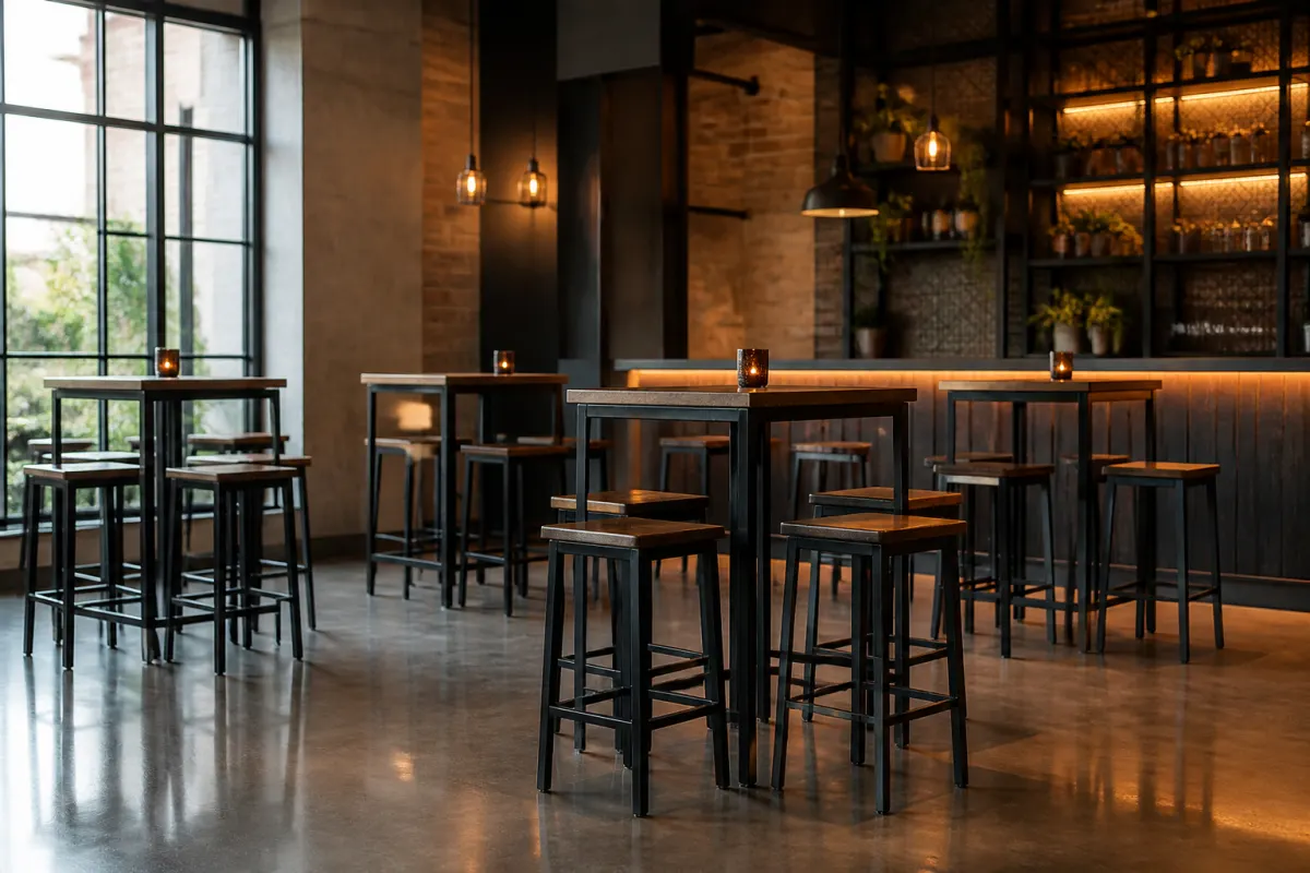 High top bar tables with matching stools in a modern tavern interior, seen from across the room
