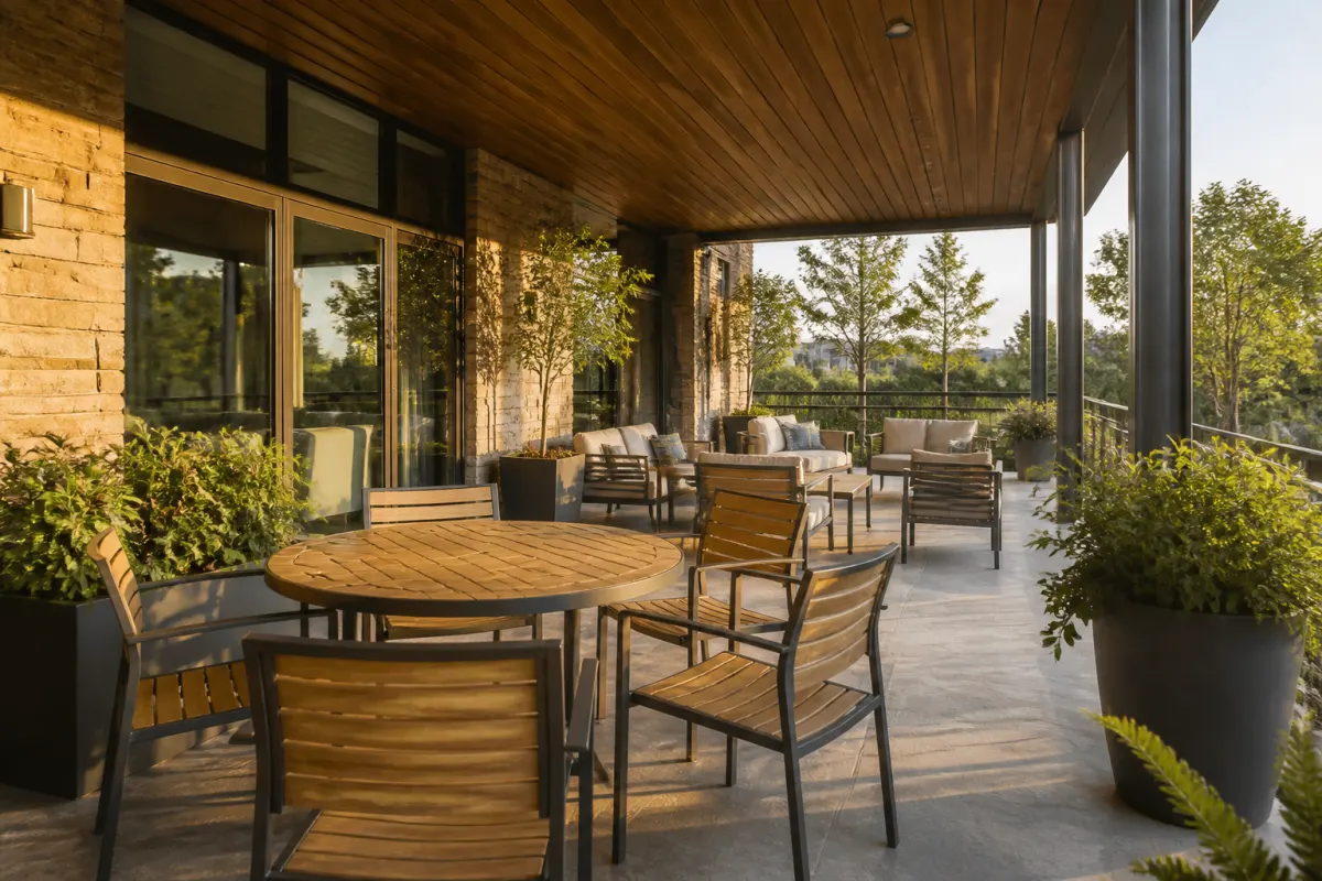 Commercial hotel patio with generic teak look and metal outdoor furniture groupings, landscaped surroundings