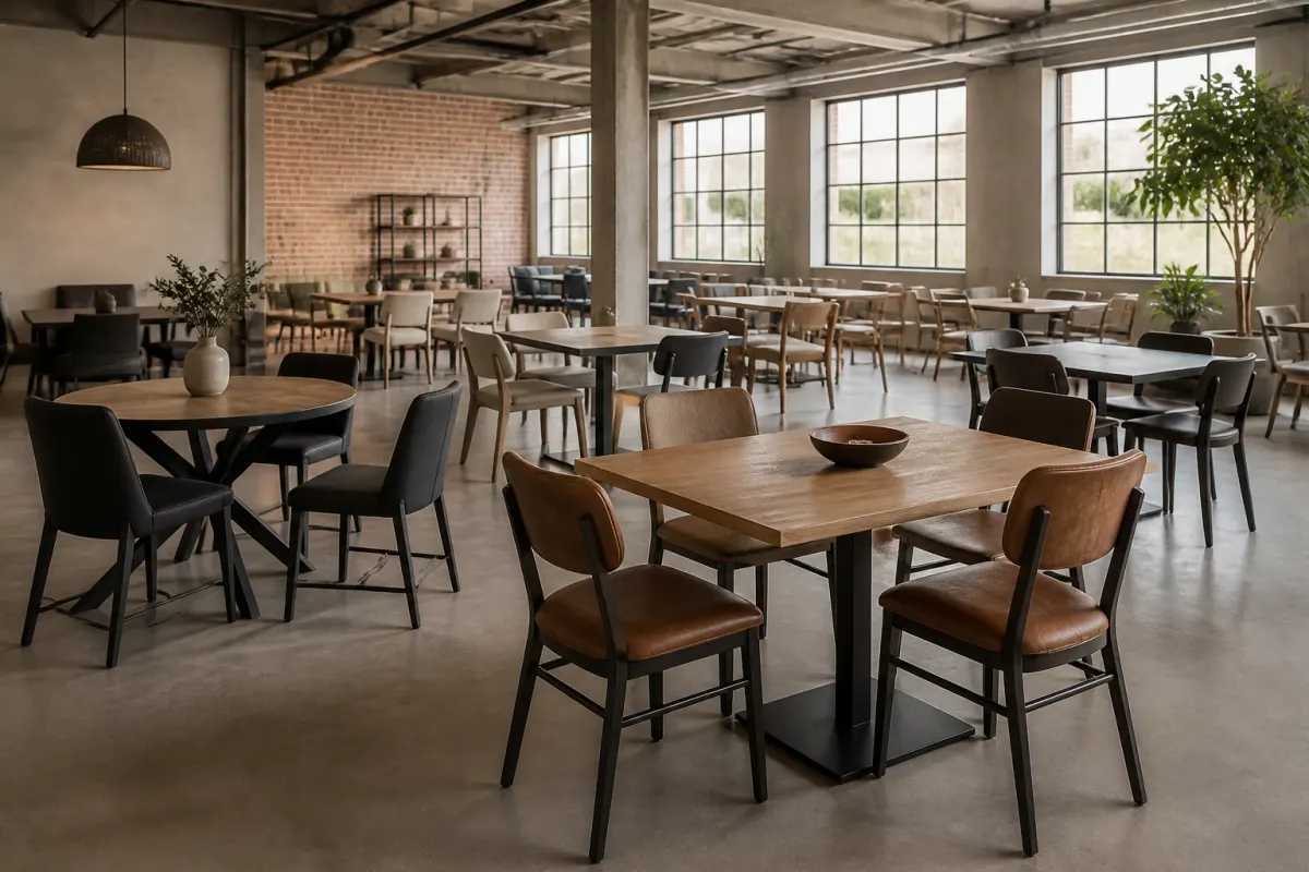 Sturdy commercial grade dining chairs and tables in a hospitality showroom loft, even daylight, editorial styling