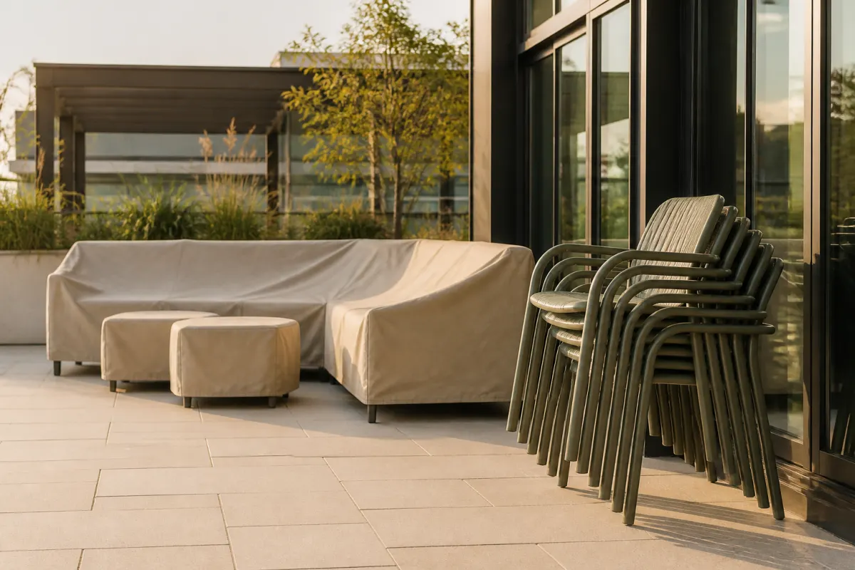 Stacked outdoor chairs and covered patio furniture staged for the season on a clean terrace