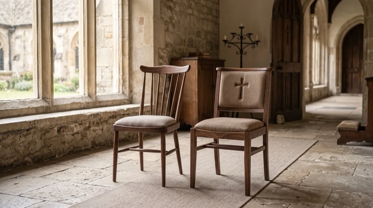 a refined chapel chair sample placed beside a sanctuary chair sample in a sunlit side room, their wood tones and fabric shades set close tog