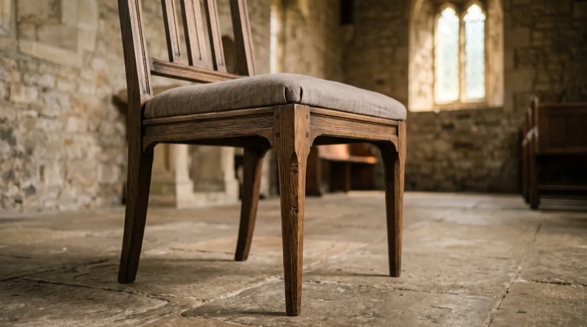 a close view on the carved wood look frame and tapered legs of a chapel chair, an upholstered seat cushion in a quiet muted tone, warm light