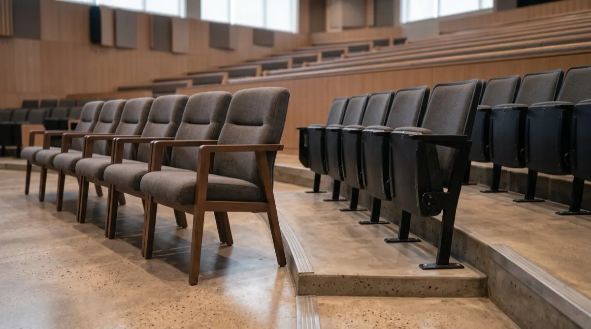 a row of loose upholstered auditorium chairs beside a row of bolted down fixed theater seating with flip up backs, the two seating styles sh