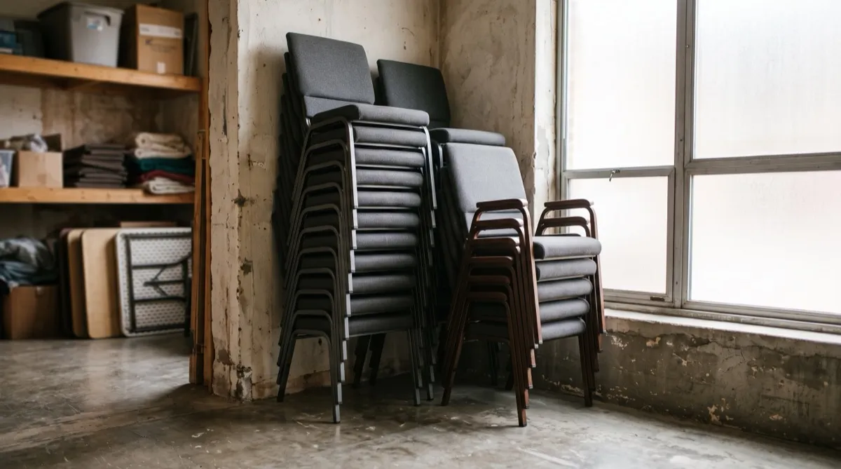 a tall stack of armless worship chairs beside a single chair fitted with armrests that cannot stack as high, positioned in a storage room co