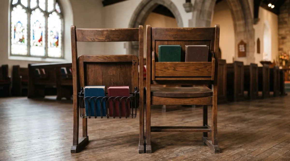 two adjoining sanctuary chairs, one showing an open wire rack mounted beneath the seat and the other showing a wood panel rack mounted on th