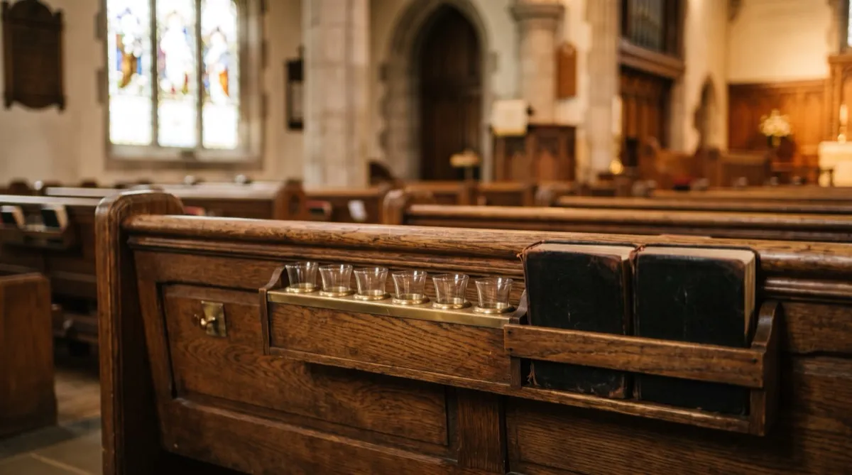 a close view on a sanctuary chair back rack fitted with small round communion cup holders alongside a hymnal slot, warm light catching the w