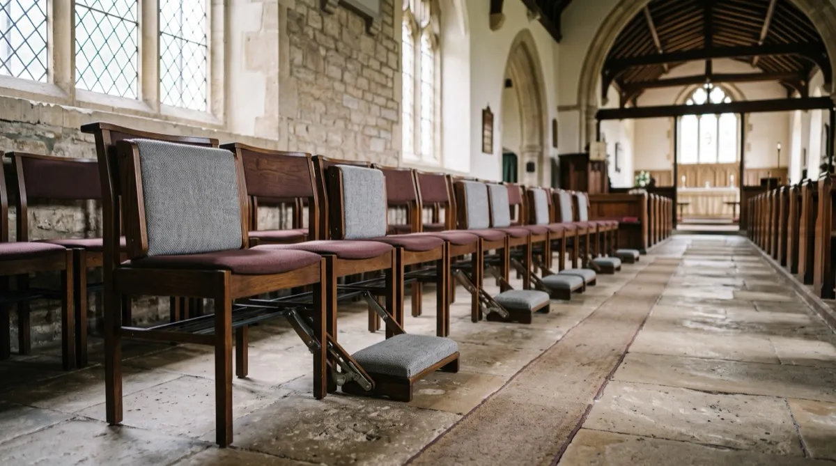 a sanctuary row where alternating worship chairs show kneelers in different positions, one flipped neatly up against the seat back and the n