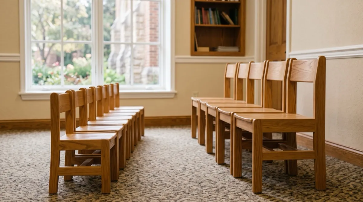 a row of small toddler sized stacking chairs beside a row of taller youth sized chairs in a church classroom, both sets in matching durable 