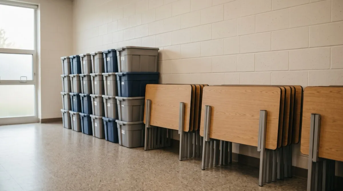 stacked storage bins and folded activity tables lined against a church classroom wall, ready to clear the floor for multi use, soft daylight