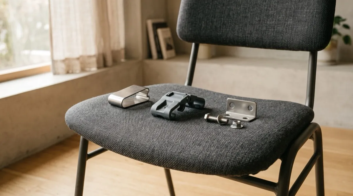 three different chair ganging connector styles laid out on a chair seat for comparison, a metal clip type, a plastic snap type, and a bolt t