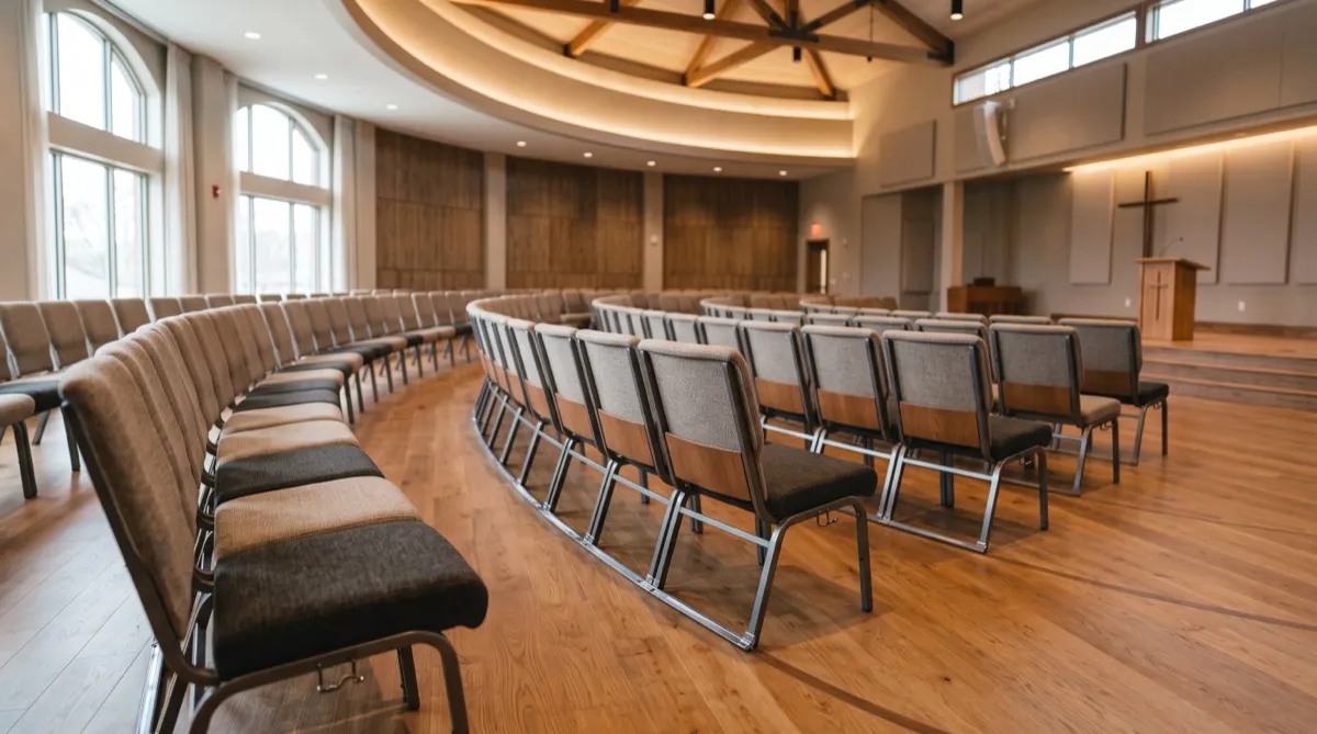 a gently curved row of interlocking sanctuary chairs following the arc of a fan shaped worship room, the ganged connectors keeping the curve