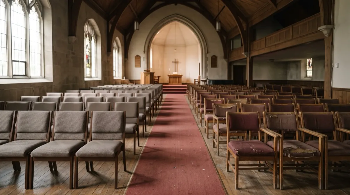a sanctuary where the front half of rows are new upholstered chairs and the back half remains older worn chairs awaiting the next budget cyc
