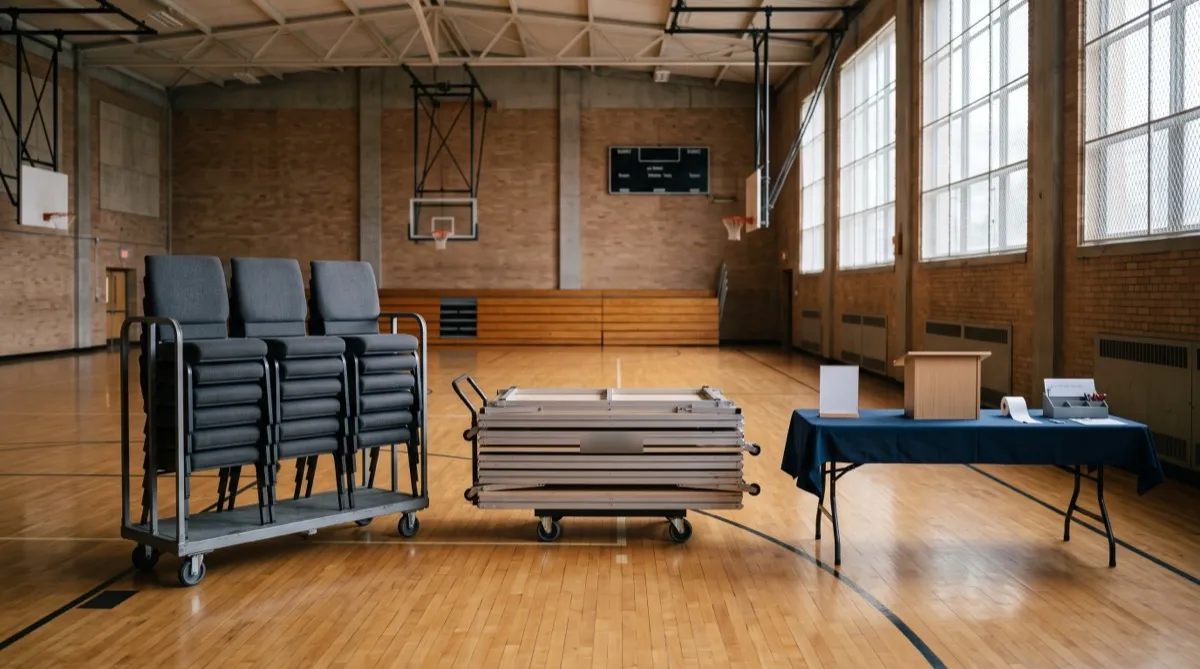 a portable church setup kit staged in a school gymnasium before Sunday service, stackable chairs on a rolling cart, a folded modular stage r