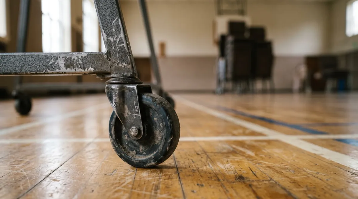 a close view on a worn caster wheel and scuffed chair leg from a portable worship chair after repeated weekly setup and teardown, sitting on