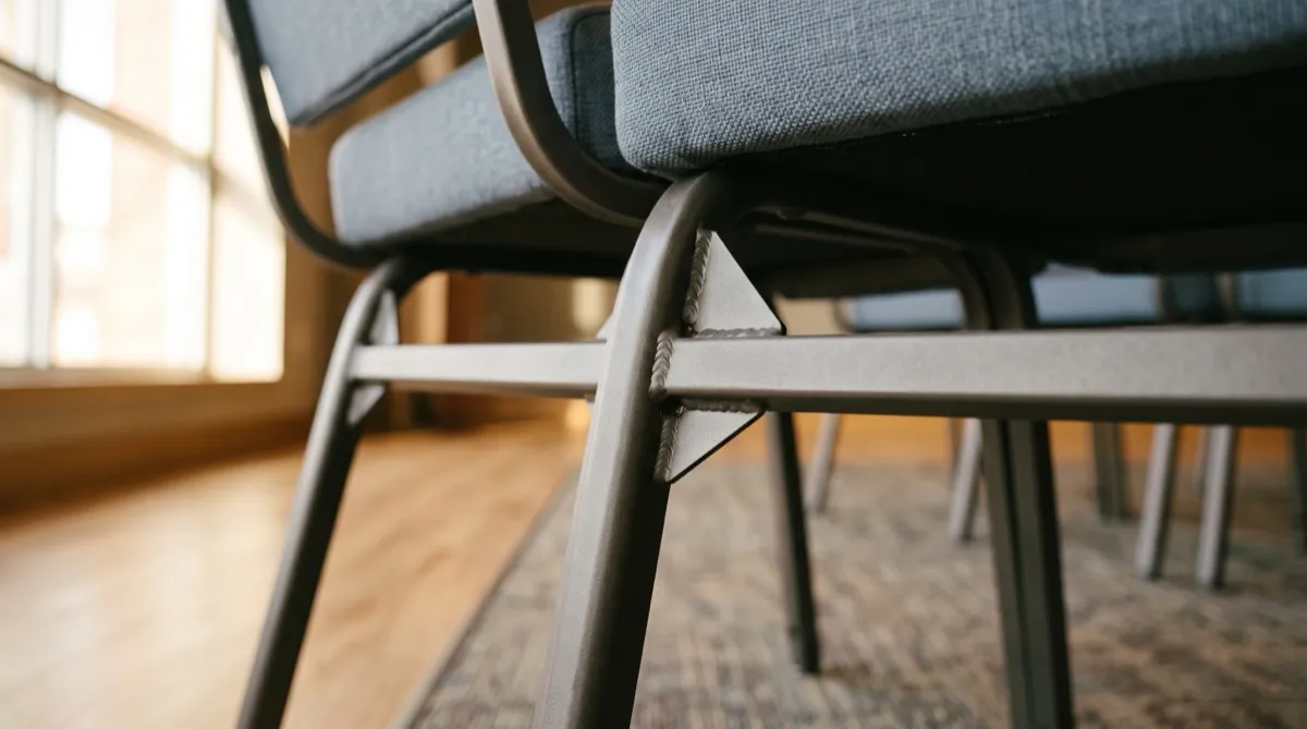 a close view on the welded steel frame joints beneath an upholstered sanctuary chair, showing reinforced leg connections built for weekly vo