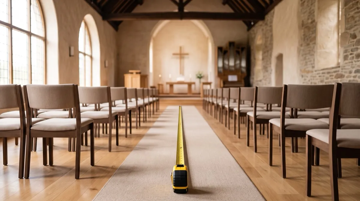 a sanctuary aisle with a tape measure stretched along the floor between two chair rows, marking the exact spacing for a new layout, soft day