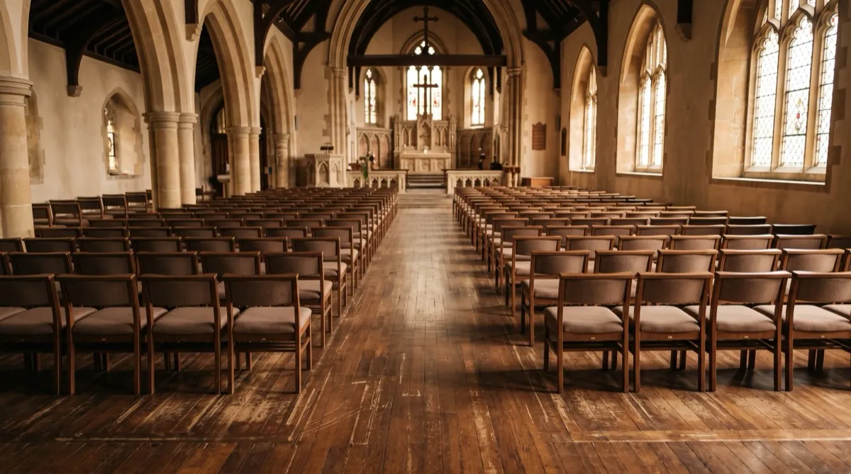 a sanctuary floor viewed from a slightly elevated angle, tightly spaced rows of individual worship chairs filling the same footprint where w