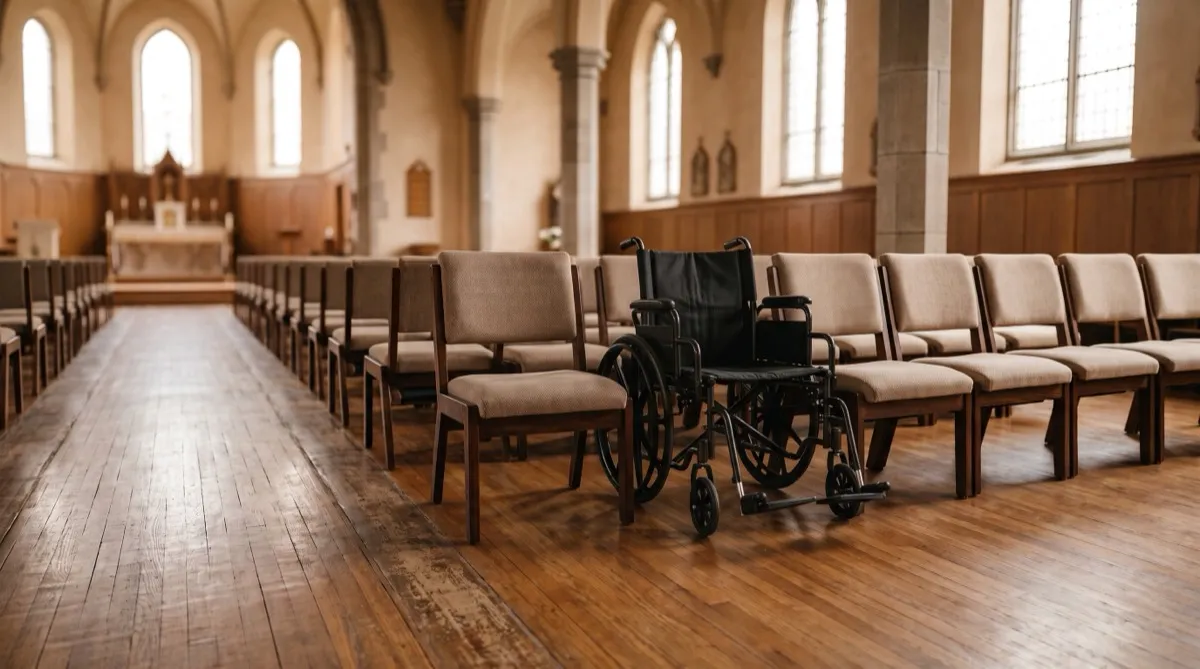 a sanctuary row of upholstered worship chairs with two chairs removed mid row to create an open wheelchair position, a companion seat beside