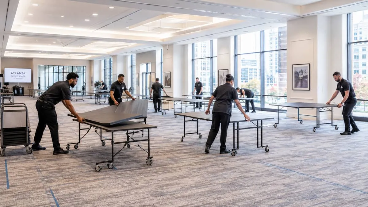 Commercial folding tables for a Grand Rapids event venue showing reinforced steel hinge construction and a high-pressure laminate surface in round and rectangular formats