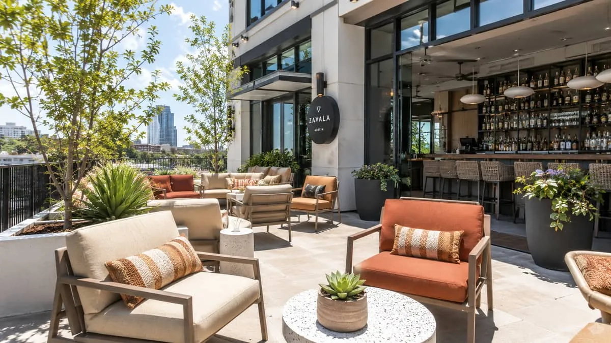 Patio furniture cushion specification for Atlanta outdoor dining showing solution-dyed acrylic fabric with commercial-density foam rated for Georgia humidity and UV load