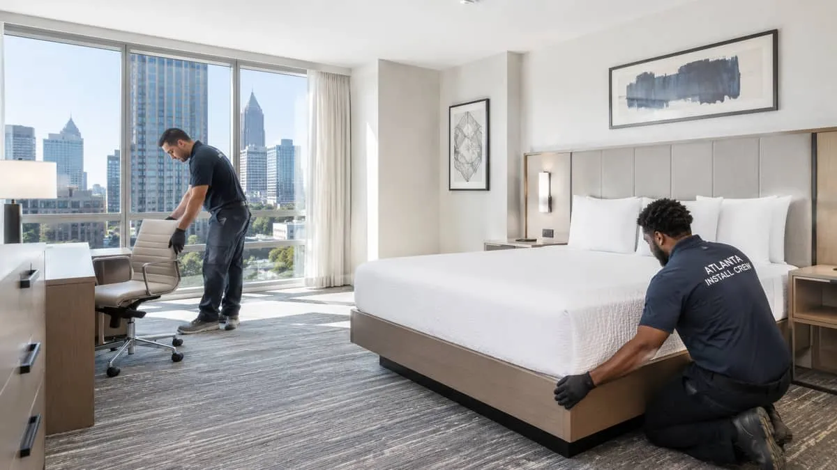 Hotel furniture delivery and installation staged for an occupied Grand Rapids property showing white-glove logistics coordination