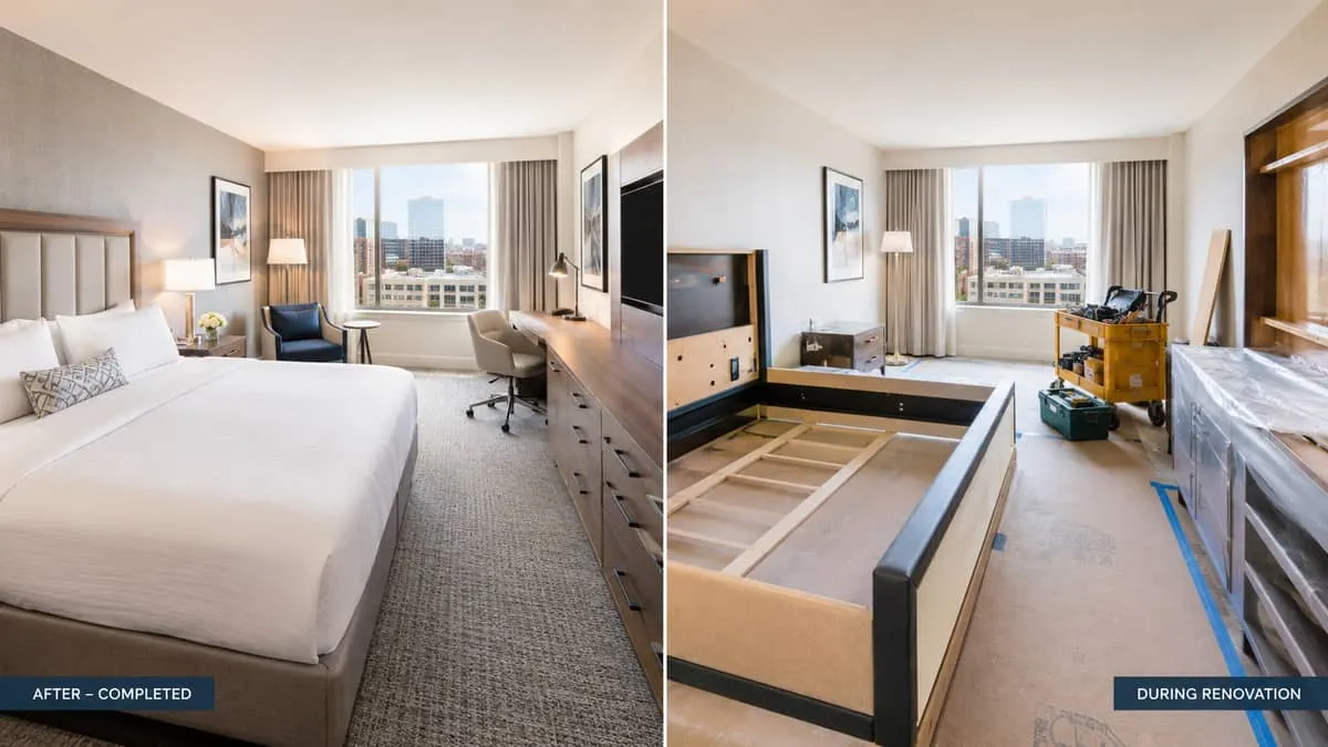 Hotel renovation furniture staged for installation in an occupied downtown St. Louis property