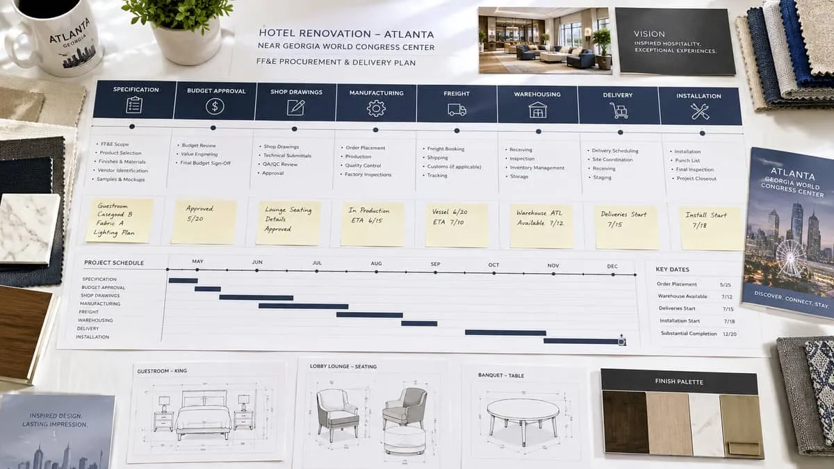 Boutique hotel renovation furniture in downtown Richmond property showing design-forward contract-grade guestroom pieces
