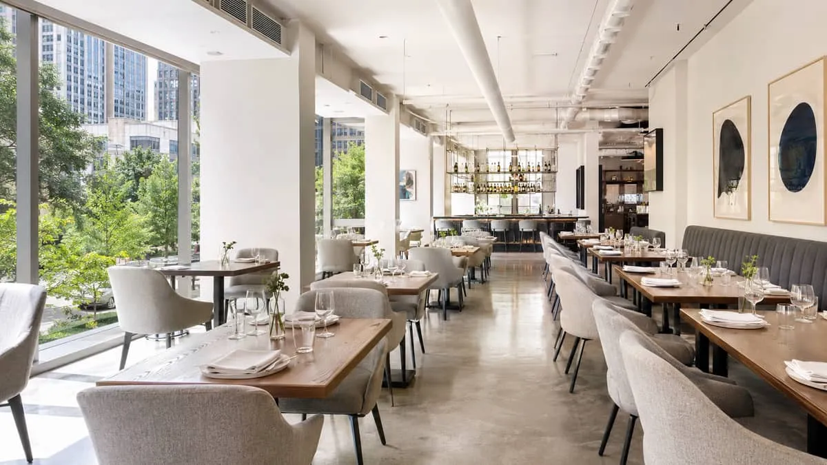 Restaurant dining room with wholesale booth seating along the wall