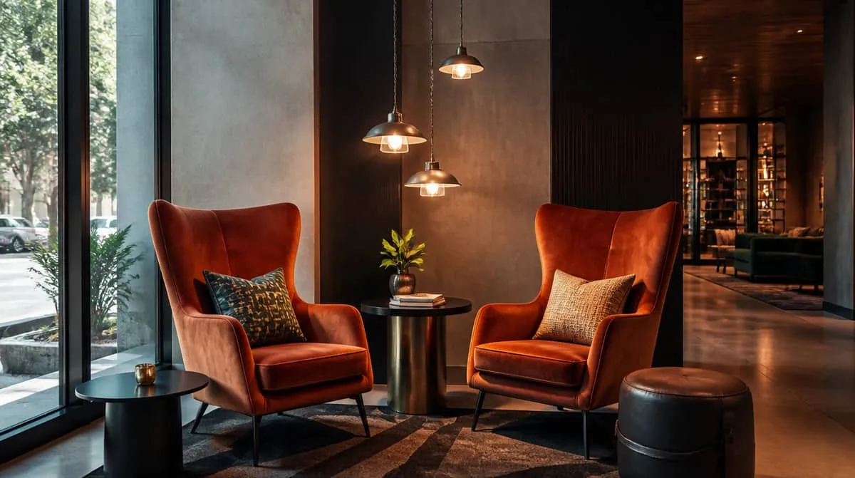 Hotel lobby lounge seating with commercial-grade upholstery and hardwood frame construction suited to Charleston's historic district and convention hotel traffic