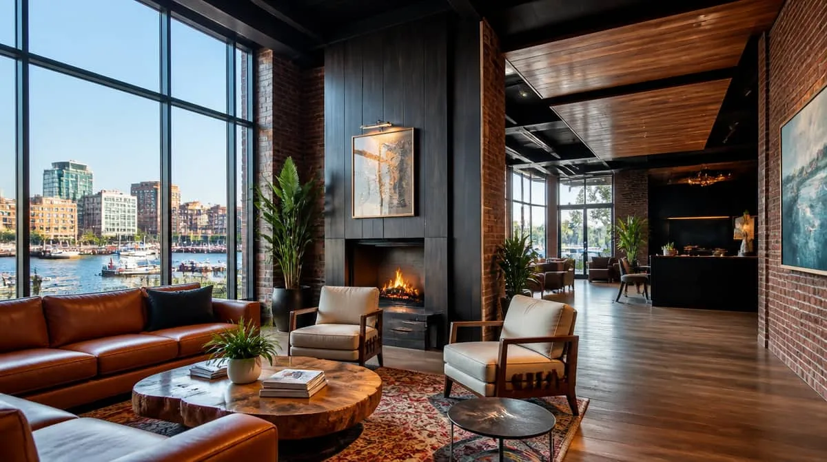 Commercial-grade hotel lobby ottoman and side table detail showing moisture-resistant upholstery and solid frame construction appropriate for Charleston's humid coastal climate