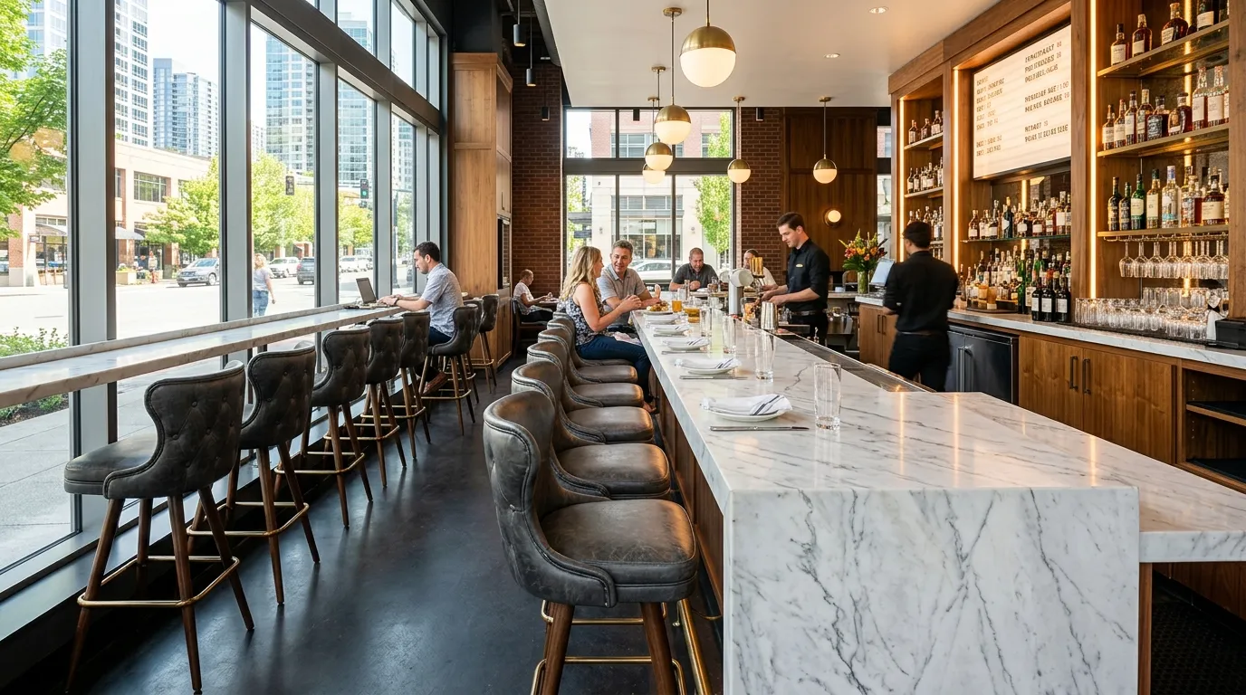 Downtown Fargo Broadway cocktail lounge seating showing curved upholstered chairs with warm-toned fabric and mixed wood and metal tables