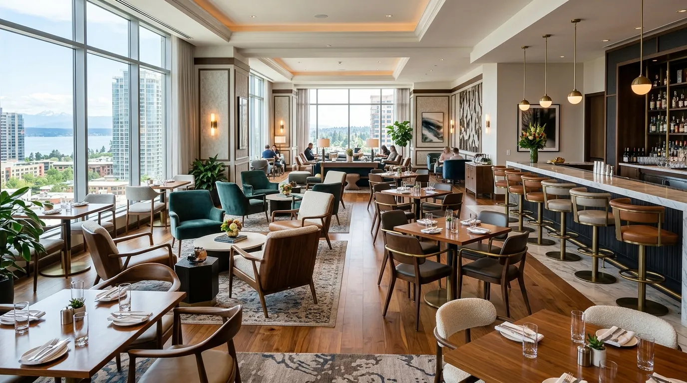 Convention corridor bar seating near a Fargo event venue showing heavy-gauge steel barstools with welded joints built for high-turnover use