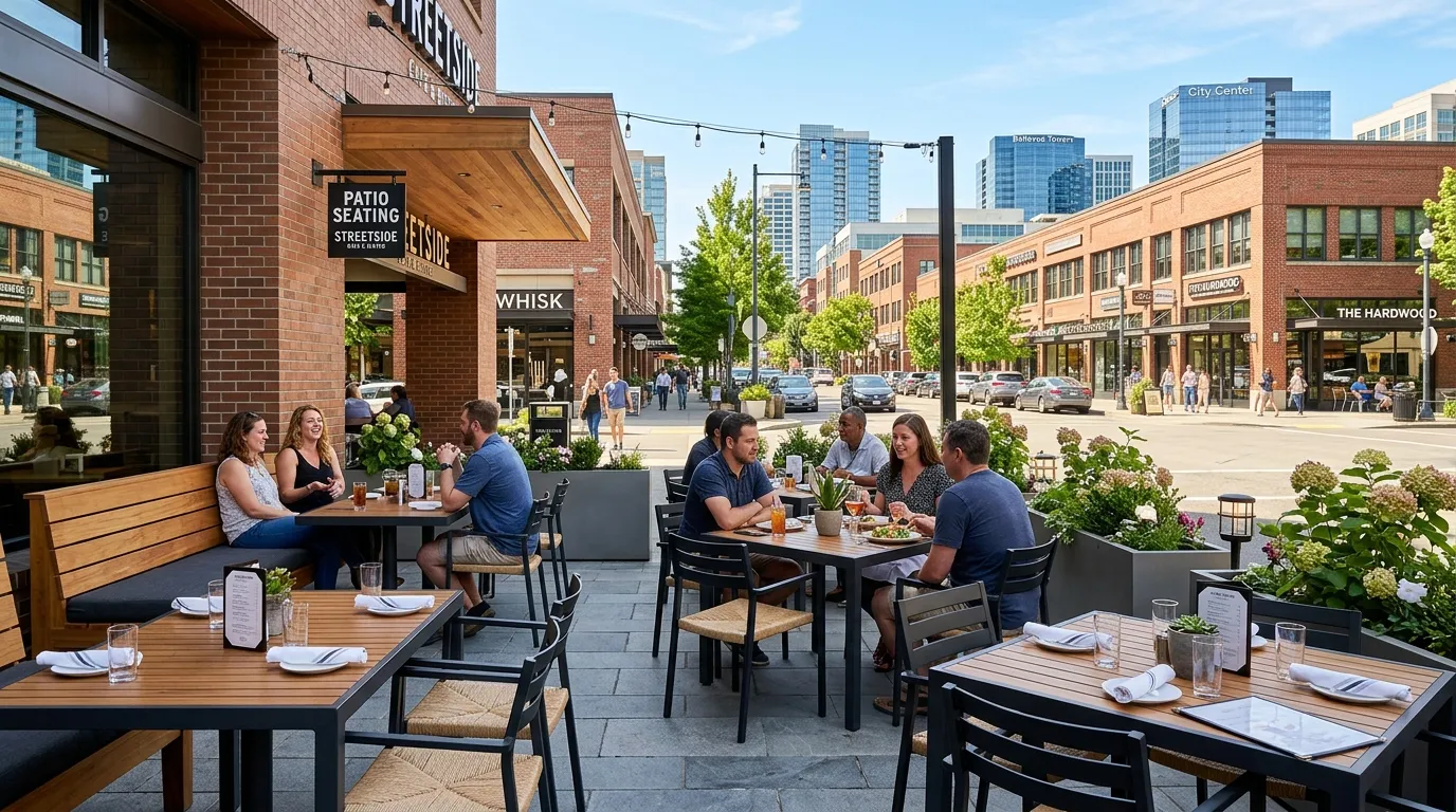 Fargo downtown patio furniture showing powder-coated aluminum frames with cold-rated finish built for North Dakota freeze-thaw cycles