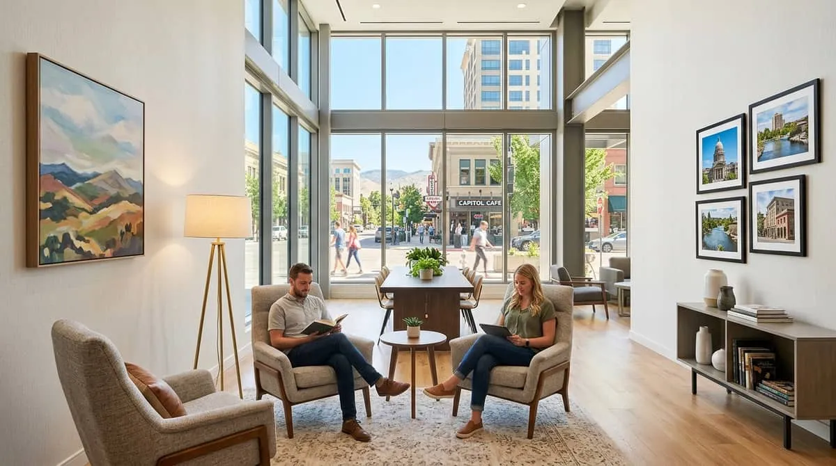 Boutique hotel furniture in Oklahoma City Automobile Alley property showing contract-grade lounge seating with restored warehouse architectural backdrop
