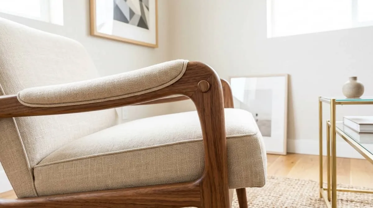 Oklahoma City boutique hotel guestroom showing cohesive design palette with matching frame finishes and tonal upholstery program