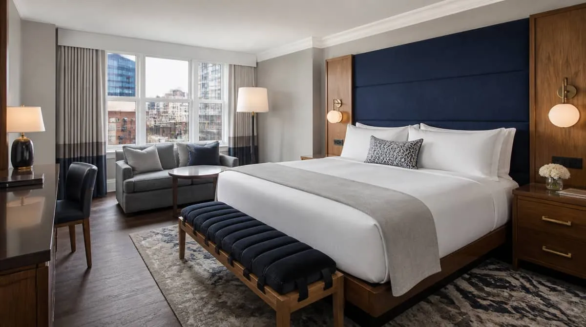 Contract-grade guestroom furniture with reinforced frame construction and commercial-grade upholstery for a Birmingham hotel property