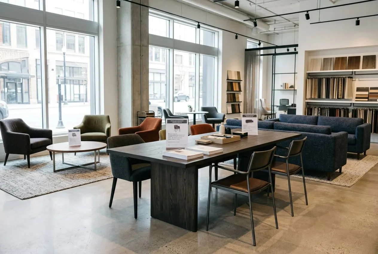 Boutique hotel lobby seating in a Baton Rouge property showing design-forward lounge furniture with contract-grade construction