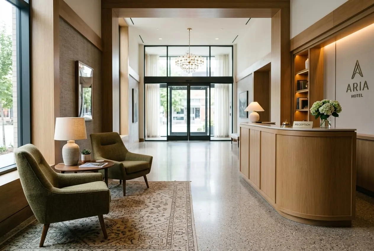 Hotel lobby sofas and ottomans in a Baton Rouge property showing flexible seating arrangements for varying occupancy