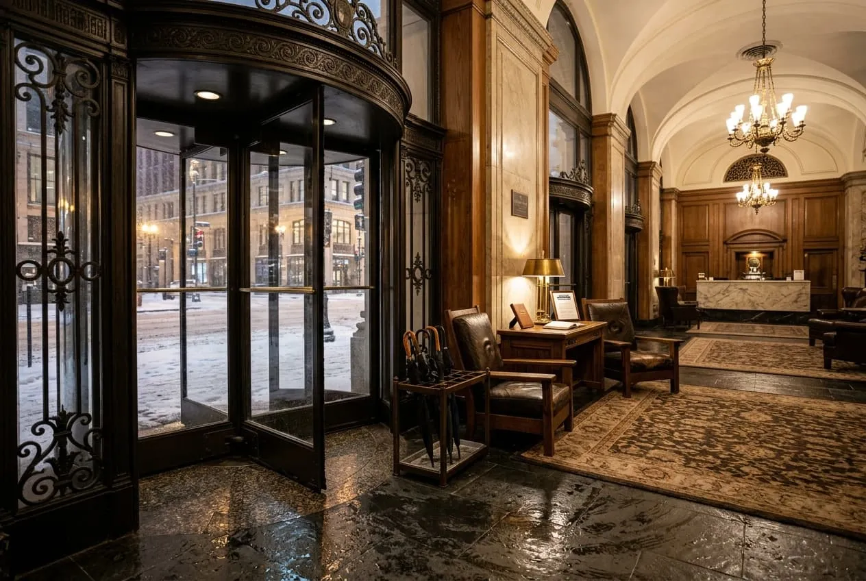 Hotel lobby casegoods and surfaces in a Baton Rouge property showing durable commercial-grade tables and consoles