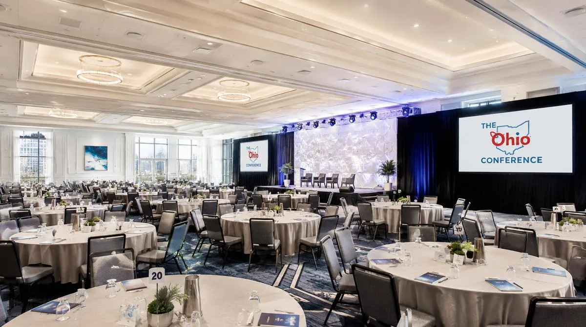 Ballroom set with wood Chiavari chairs at a banquet event in Columbus