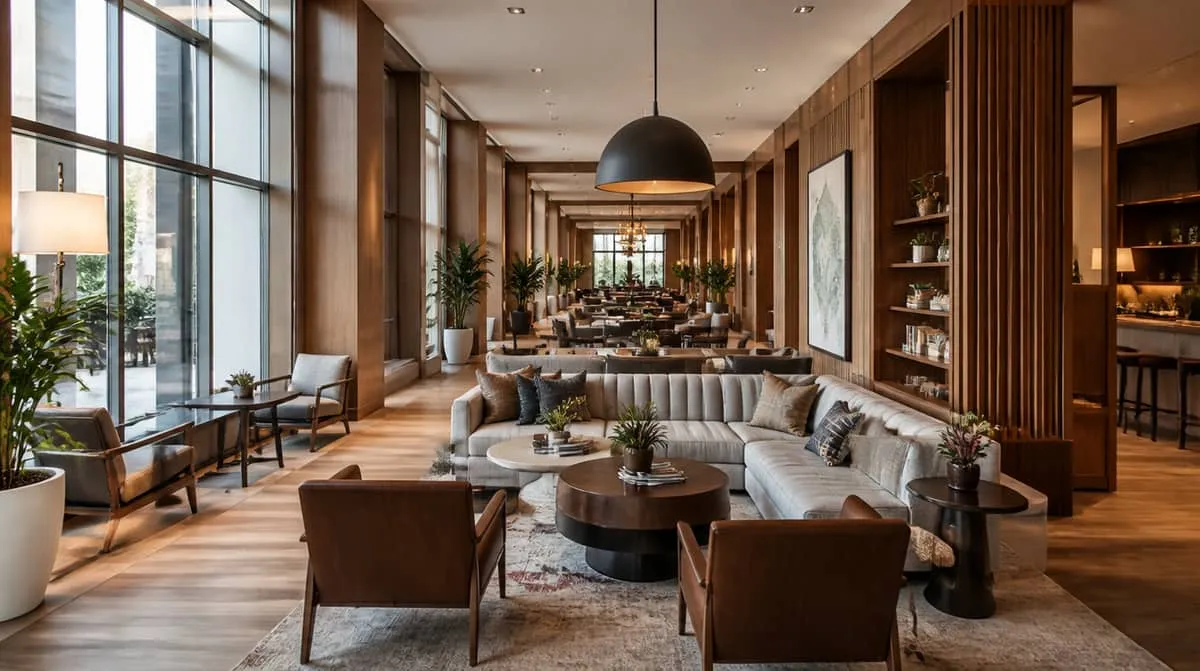 Hotel common area furniture with performance fabric and coordinated side tables demonstrating durable design suited to a growing boutique hotel segment in Wichita