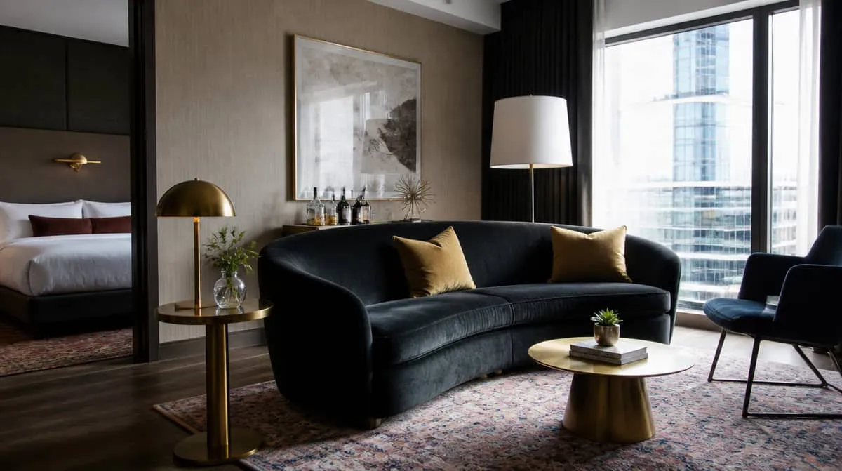 Wichita boutique hotel guestroom showing a cohesive design palette with matching wood tones and tonal upholstery