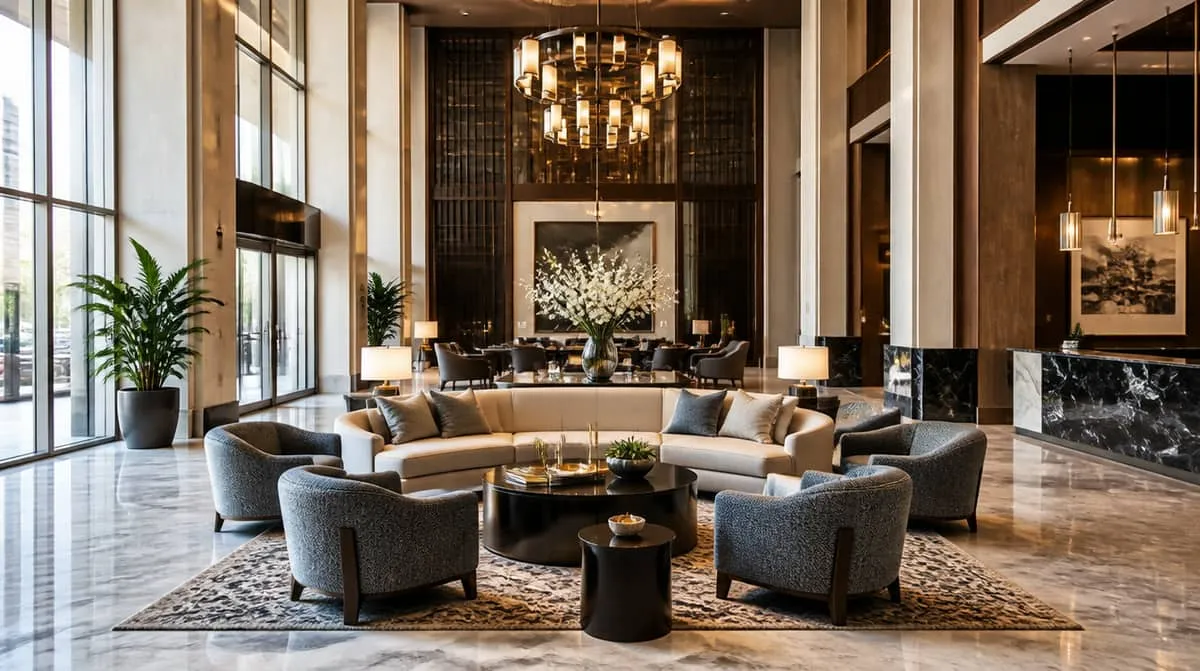 Waiting room seating with arm chairs in a commercial lobby setting