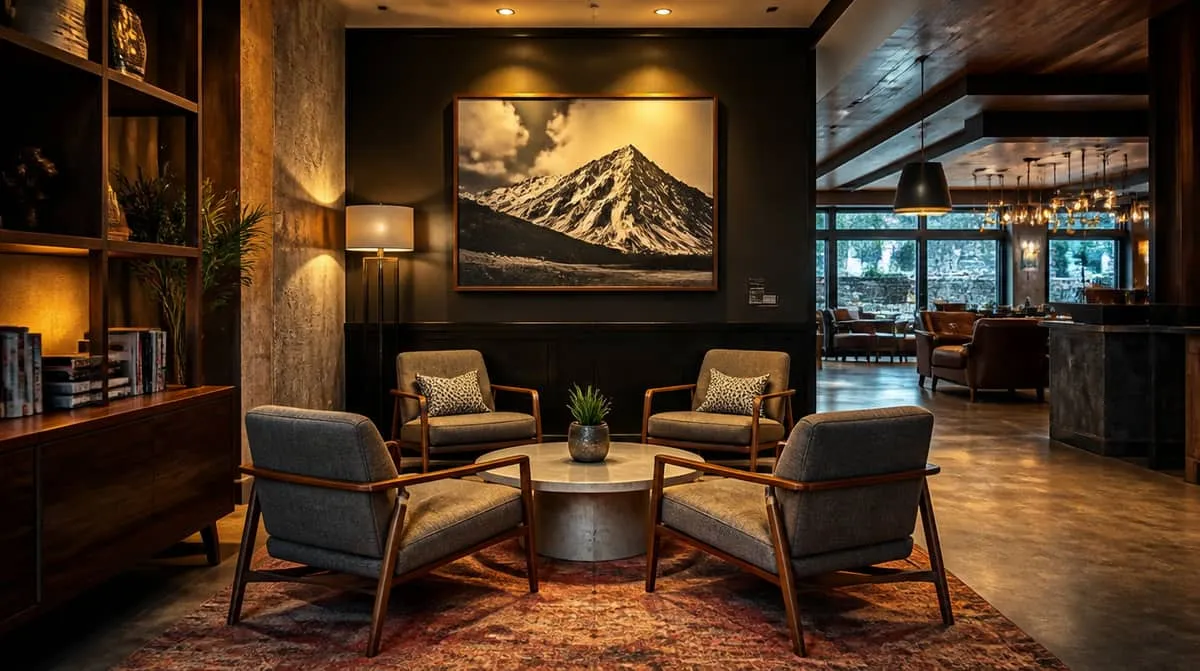 Hotel lobby lounge seating arranged in a modern commercial lobby