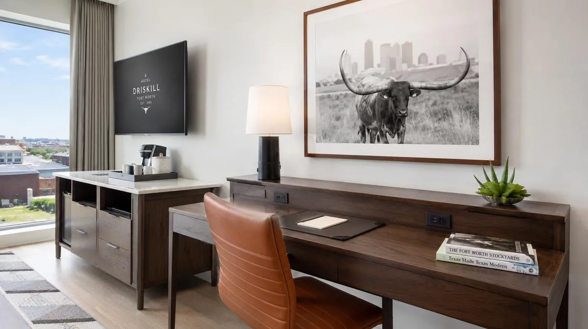 Jackson boutique hotel guestroom showing cohesive design palette with matching frame finishes and tonal upholstery program near Fondren