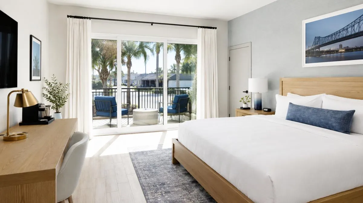 Manchester boutique hotel guestroom showing cohesive design palette with matching frame finishes and tonal upholstery program
