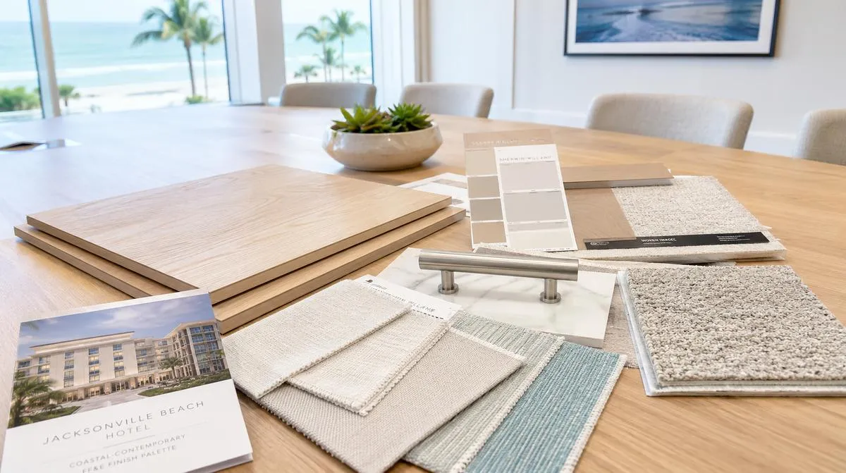 Interior design and FF&E procurement team reviewing furniture samples for Providence Federal Hill hospitality project