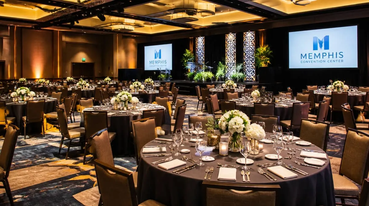 Round tables and cocktail rounds arranged for a banquet hall reception layout