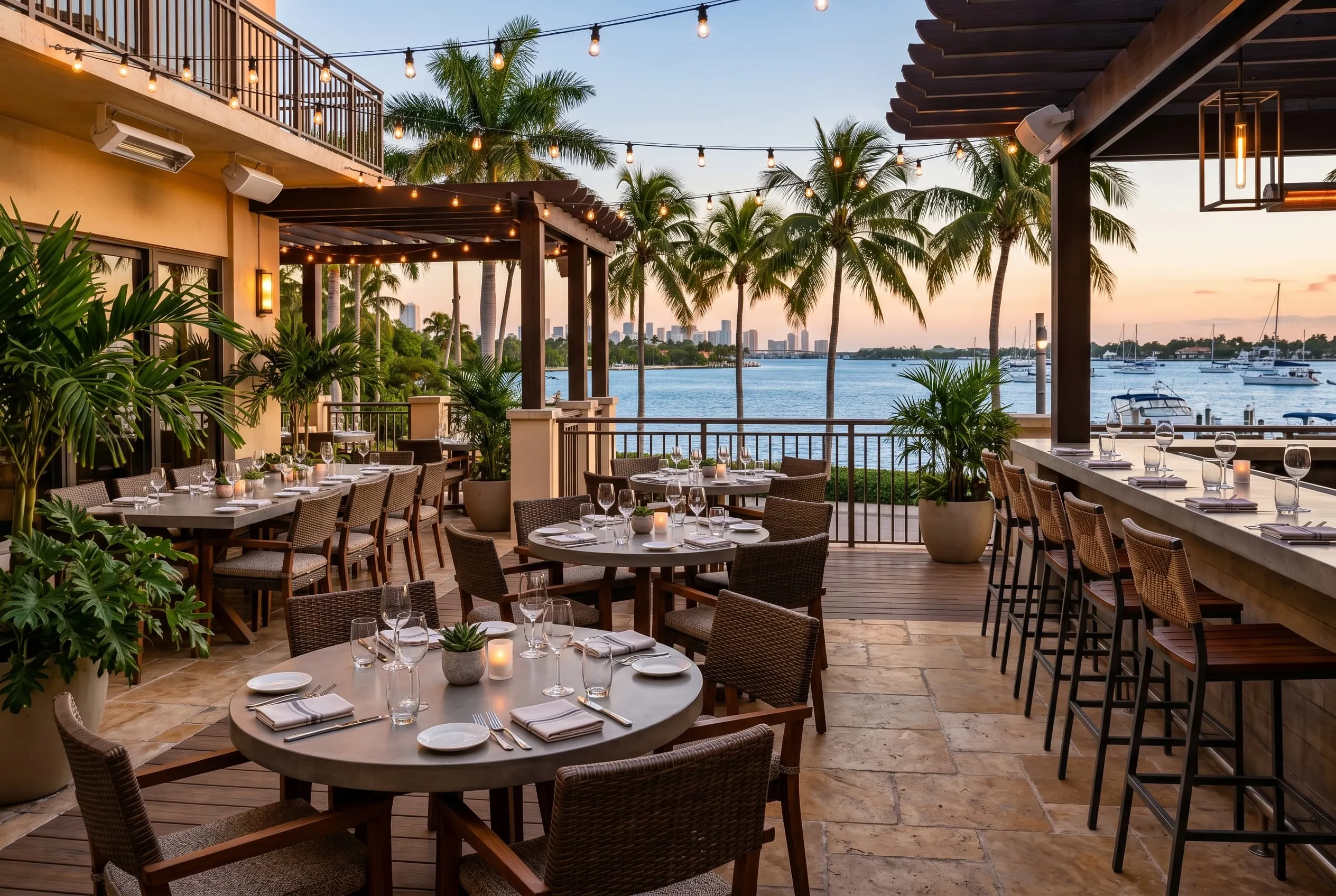 Restaurant furniture set up in a high volume dining room in Miami